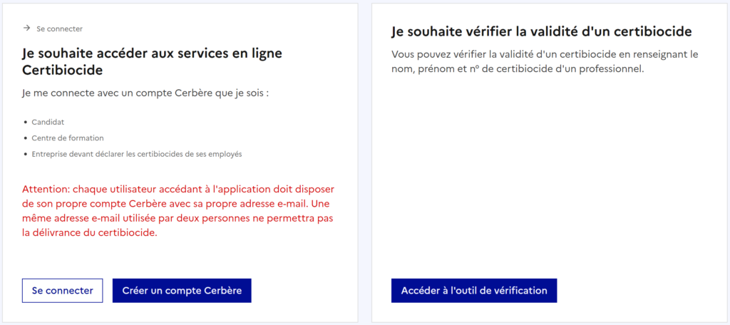 Copie d'écran de la page d'accueil de l'application est dédiée au certibiocide (certificat individuel pour l'activité d’utilisateur professionnel et distribution de certains types de produits biocides destinés exclusivement aux professionnels)